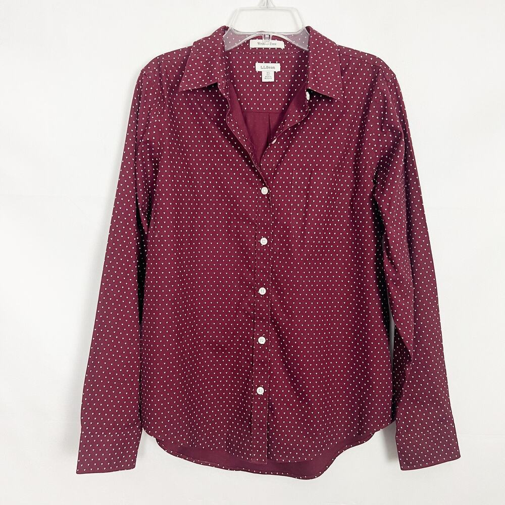 L.L. Bean Shirt Womens XS Cotton Wrinkle Free Heart Print Career Academia Office